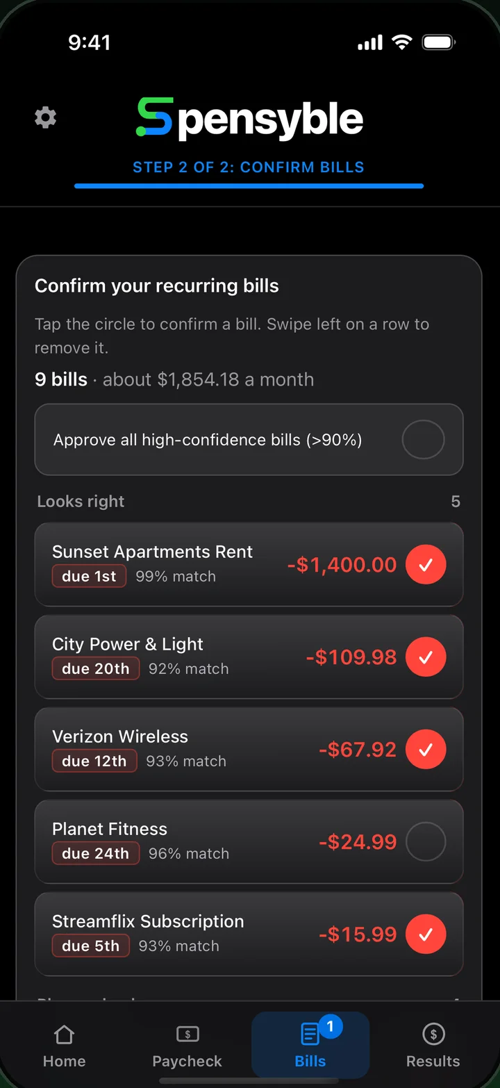 The Confirm your recurring bills screen listing rent, utilities and subscriptions with due days and match percentages