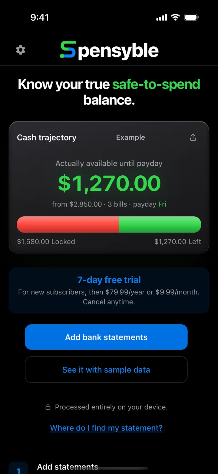 The Spensyble welcome screen with the Add bank statements and See it with sample data buttons